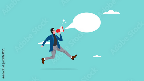 businessman with loudspeaker illustration, illustration of a person expressing an opinion, announcements or promotions concept, businessman jump while speaking into loudspeaker illustration