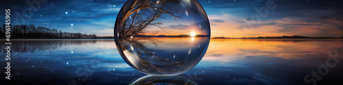 The reflective surface of a calm lake mirroring a starry night sky, encapsulated within the serene confines of a glass sphere. Copy space. photo