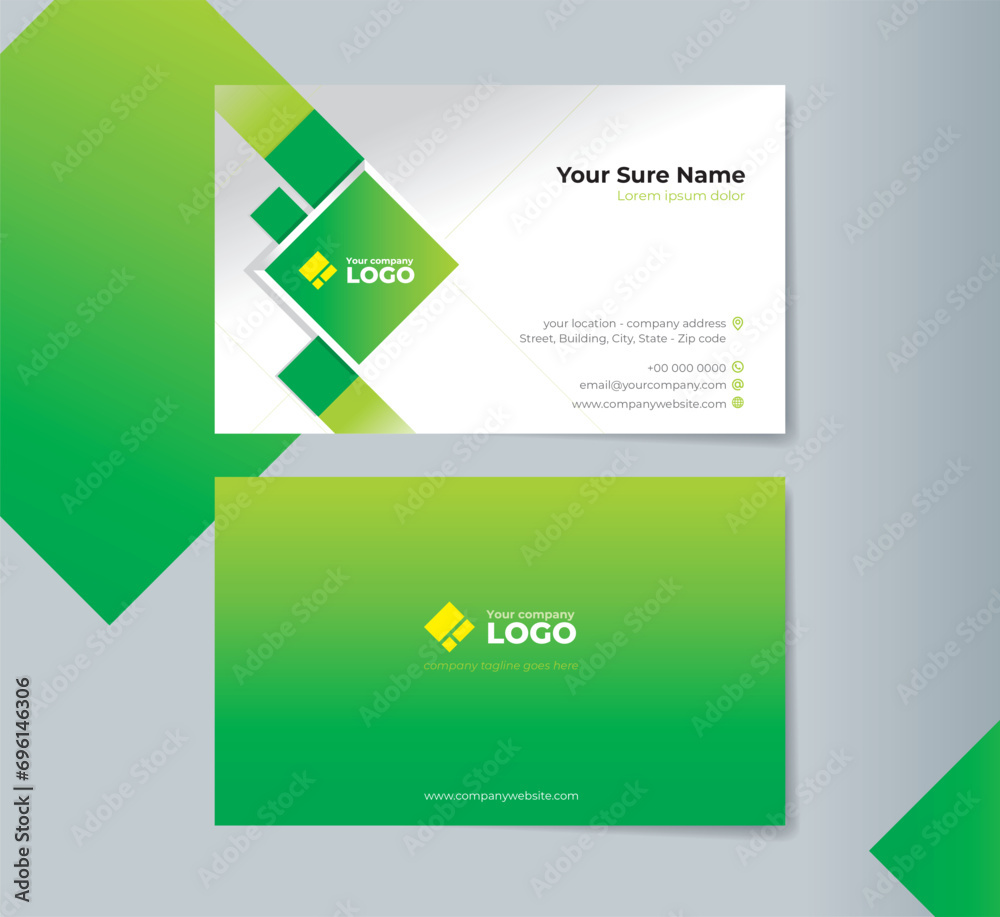 Double sided business card templates design with green abstract rectangle on white gradation background Double sided business card templates design with green abstract rectangle on white gradation background