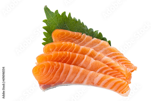 fresh salmon sashimi with perilla leaf isolated on white background.