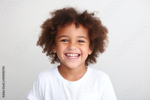 A professional portrait studio photo of a cute mixed race boy child model with perfect clean teeth laughing and smiling. Isolated on white background. For ads and web design.