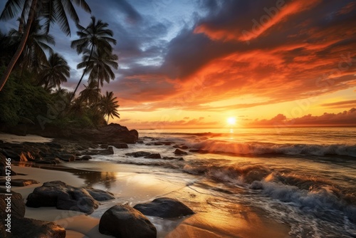 A stunning sunset over a tropical beach with palm trees