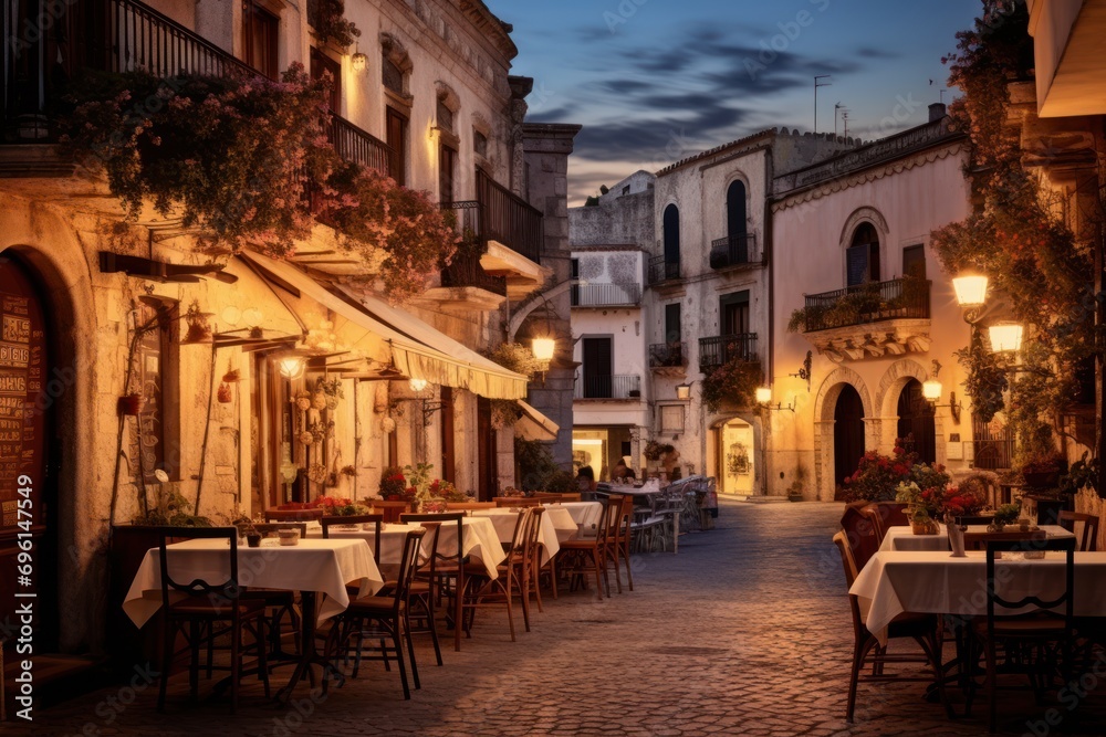 A traditional Italian piazza at twilight, bustling with street musicians, outdoor cafs, and historic architecture.