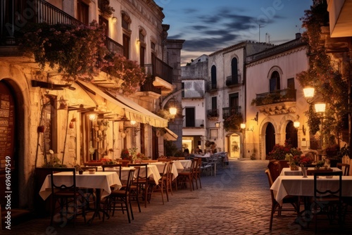 A traditional Italian piazza at twilight  bustling with street musicians  outdoor cafs  and historic architecture.