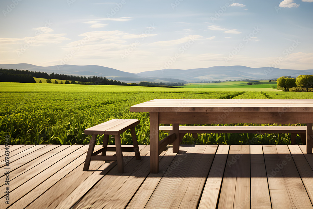 Space for merchandise: an empty wooden table with a country vibe generative ai Space for merchandise: an empty wooden table with a country vibe generative ai