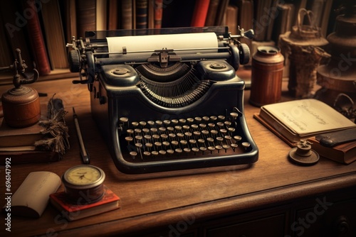 A vintage typewriter and old manuscripts on a wooden desk