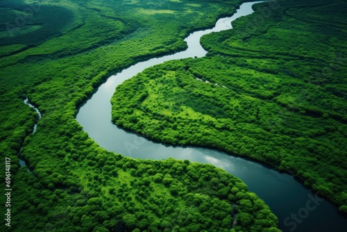 Aerial view of a winding river through lush green countryside