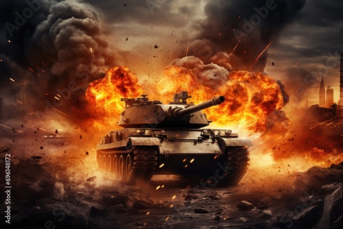 An armored tank shooting on a battlefield in a war. Bombs and explosions in the background. Fire, smoke, and ash everywhere. PC desktop wallpaper background. photo