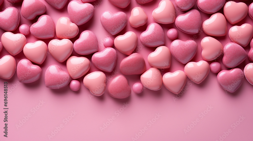 Valentine's Day Candies on Pink Pastel Background with Copy Space - Overhead Flat Lay View of Heart-Shaped Sweets in Pink, Purple, Red, and White Color Tones 