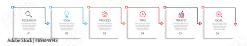 simple infographic design with six parts or steps, interconnected square shapes with thin colored lines, for flow diagrams, banners or your business presentation