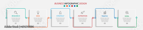 simple infographic design with six parts or steps, interconnected square shapes with thin colored lines, for flow diagrams, banners or your business presentation