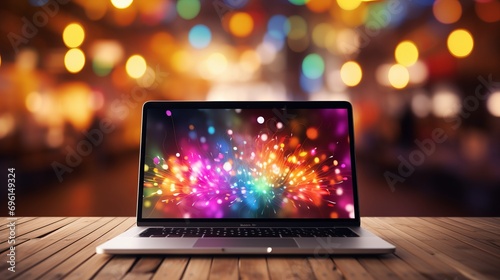 Sleek modern laptop on desk with vibrant bokeh background featuring abstract shapes and colors photo