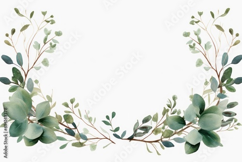 Captivating watercolor border frame with eucalyptus twigs isolated against transparent background. photo
