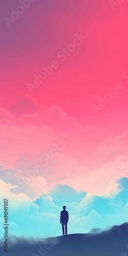 Businessman standing on top of the mountain and looking at the sunset. iPhone desktop wallpaper. 