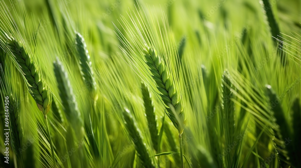close up of green wheat field. plantations waiting for harvest, depth of field is low.