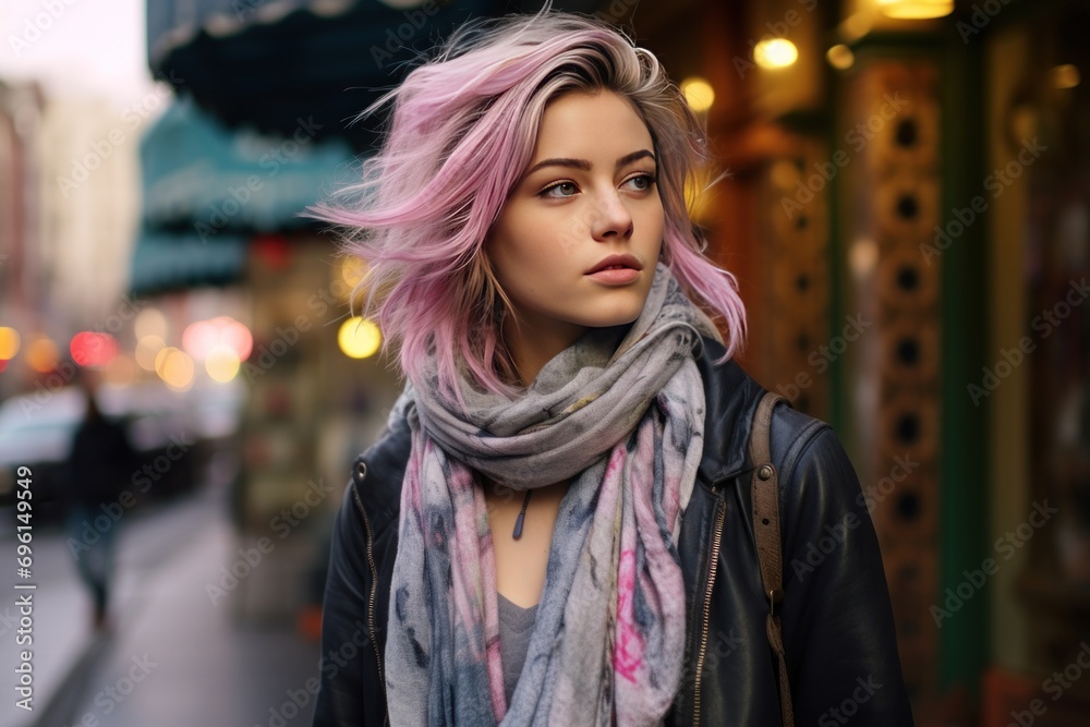 Fashionable street style portrait of a young woman in an urban setting.