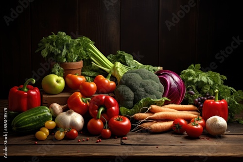 Fresh organic vegetables on a rustic wooden table