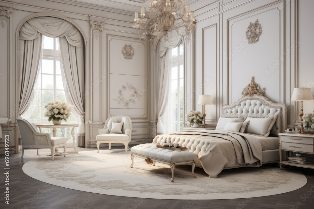 Luxurious bedroom interior with elegant decor and a peaceful, restful atmosphere.