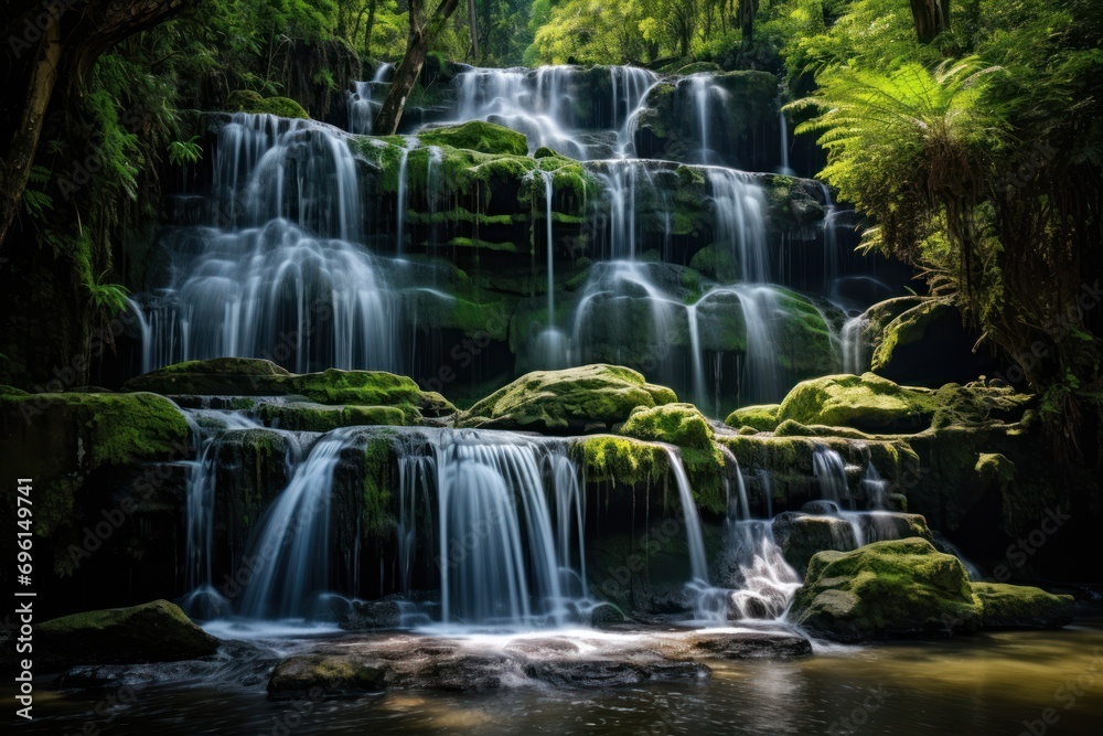 Majestic waterfall cascading in a lush forest, natural beauty, and tranquility.