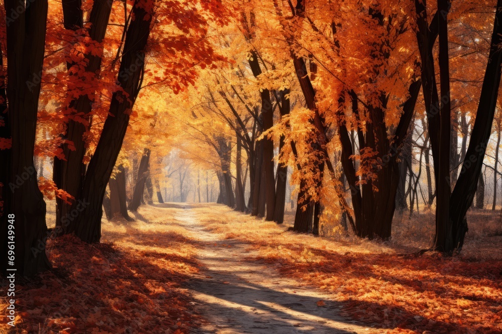 Sunlit autumn forest path with fallen leaves and a vibrant color palette