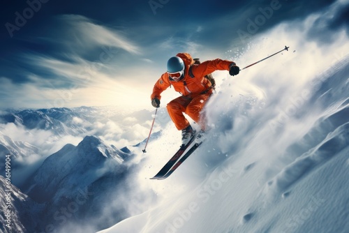 Skier jumping in the snow mountains on the slope with his ski and professional equipment on a sunny day.