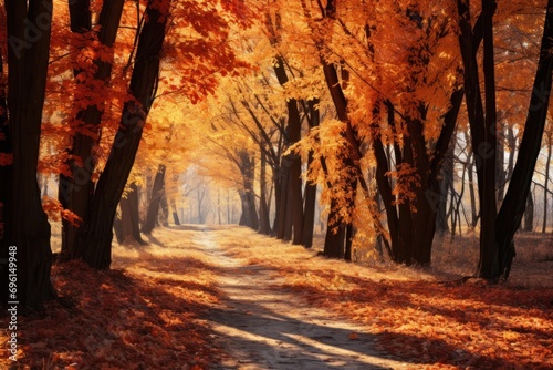 Sunlit autumn forest path with fallen leaves and a vibrant color palette