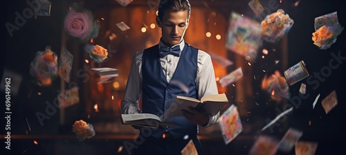 Magician performing tricks with blurred bokeh effect, colorful smoke, and floating objects