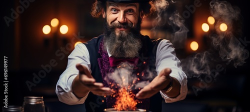 Magician performing tricks with colorful smoke and floating objects in blurred bokeh effect