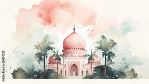 Aesthetic Watercolor Painting of a mosque illustration on an island with green trees, beautiful sea and Clouds. minimalist art in soft pastel colors. Islamic story book background © ribelco
