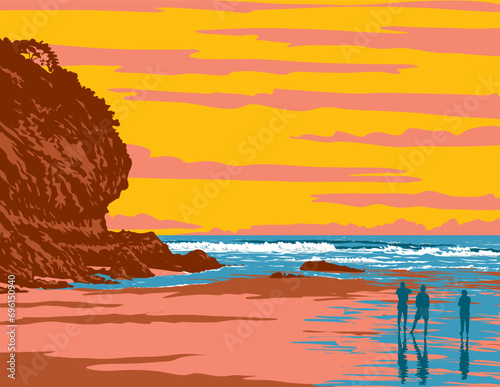 WPA poster art of Lion Rock on Piha Beach in the Waitakere Ranges area of Auckland, New Zealand done in works project administration or federal art project style. photo