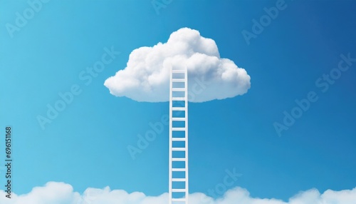 Surreal concept image of a white ladder reaching up to a fluffy white cloud against a clear blue sky, symbolizing ambition and aspiration.