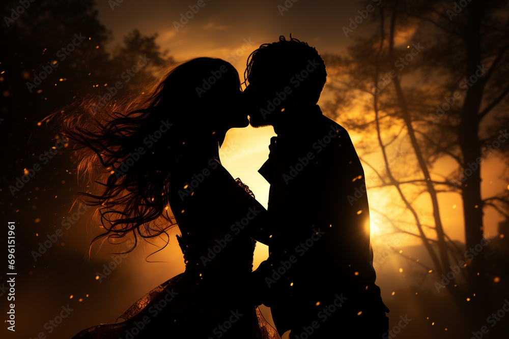 Silhouetted Couple of a Couple Embracing and Kissing on Valentine's Day, Enchanting Night of Romance
