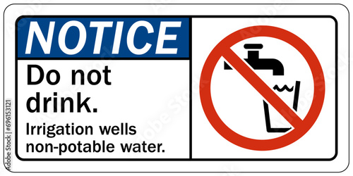 Non potable warning sign and labels irrigation wells, do not drink