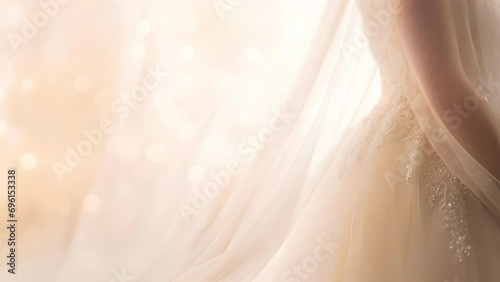 Soft Glow of a Flowing Wedding Bridal Gown and Vail in Radiant Light with Sparkling Details and Empty Copy Space for Video Text or Motion Graphics - Looping photo