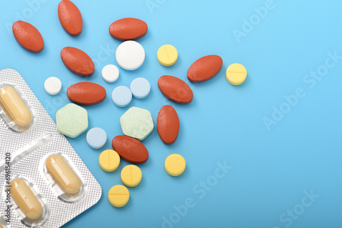 Top view of closeup healthcare and medicine, free space for designer.