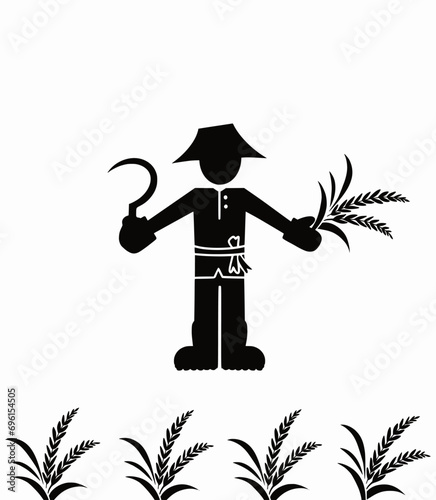 farmer holding rice plant and a harvest sickle , Vector Illustration