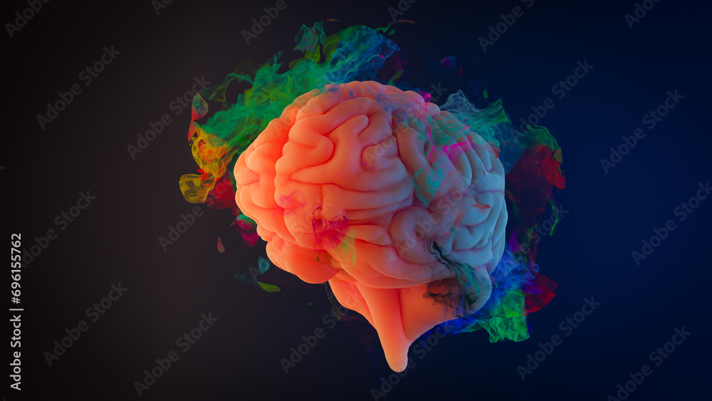 Concept background with colorful smoke showing a brain addicted to dopamine, 3d rendering - obrazy, fototapety, plakaty 
