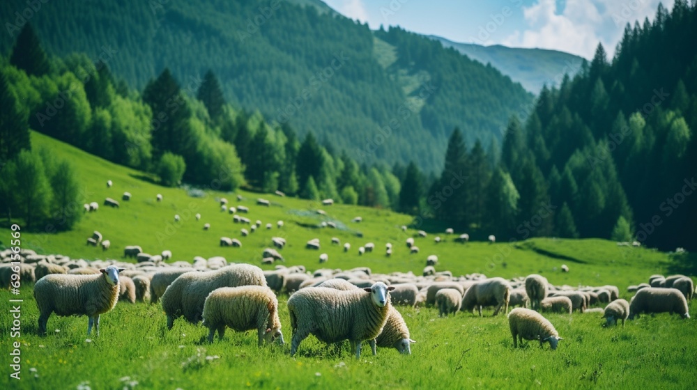Fototapeta premium Sheep graze in a green meadow.