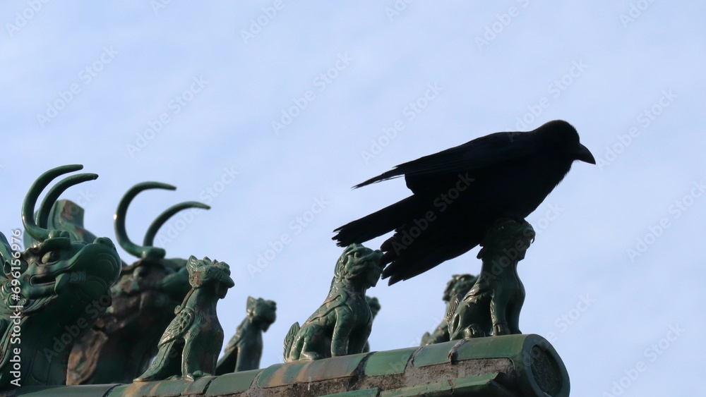 raven standing at ancient monument
