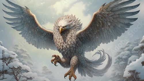 An enormous griffin descending from a winter sky its wings casting a blanket of snow Fantasy art concept. photo