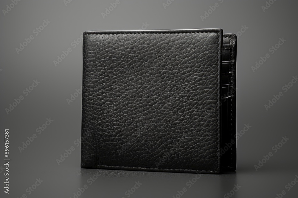Close-up image of a black leather wallet with visible texture, against a grey background. - obrazy, fototapety, plakaty 