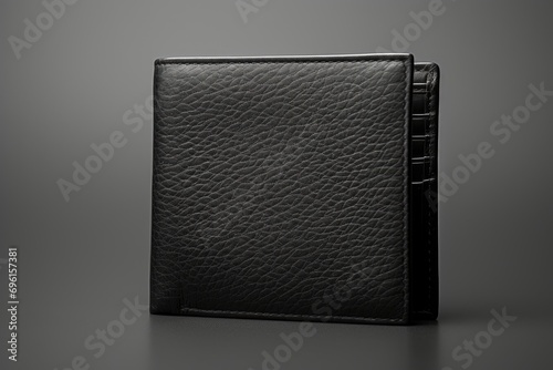 Close-up image of a black leather wallet with visible texture, against a grey background.