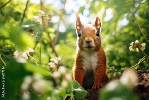 Close-up of a squirrel in a summer park with lush greenery.