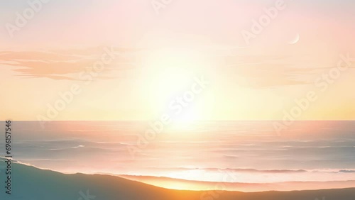 Minimalistic view of a peaceful beach scene, with the pale peach sun setting behind the horizon and casting a hue of Peach Fuzz on the waters surface. photo
