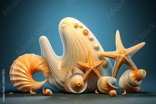 Shell, snail, mollusk, starfish, seahorse in 3d style, generative ai photo