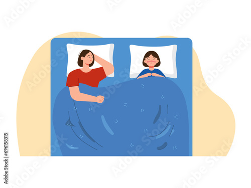 Mother accompanies her child to sleep. Parenting illustrations.