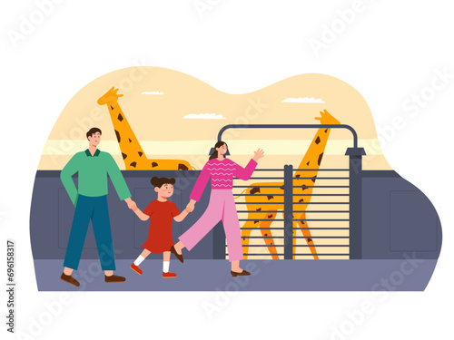 Parents take their children to the zoo. Parenting illustrations.