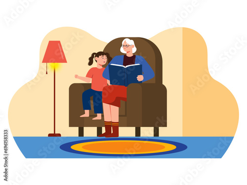Grandmother telling a story to her granddaughter. Parenting illustrations.