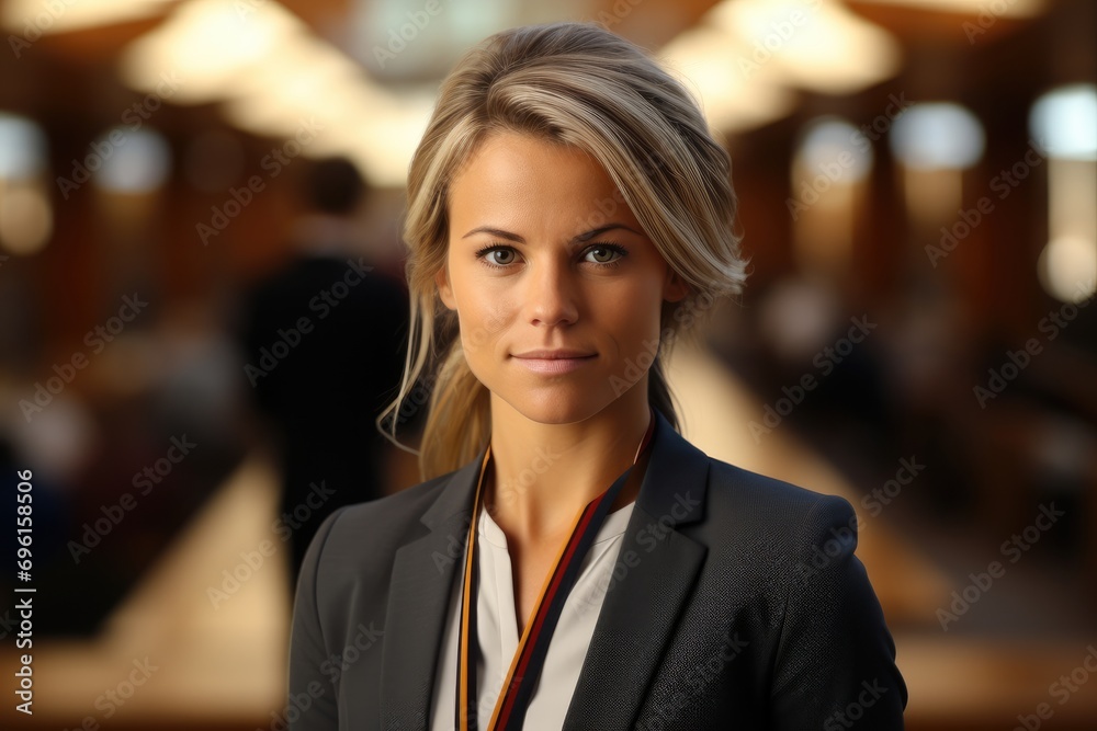 A pleased woman is wearing diplomat formal attire against international diplomatic conference background. Generative AI. A pleased woman is wearing diplomat formal attire against international diplomatic conference background. Generative AI.