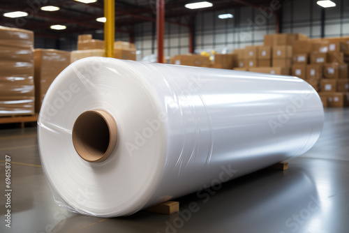 Ultra large roll polyethylene stretch film. Generative AI. photo